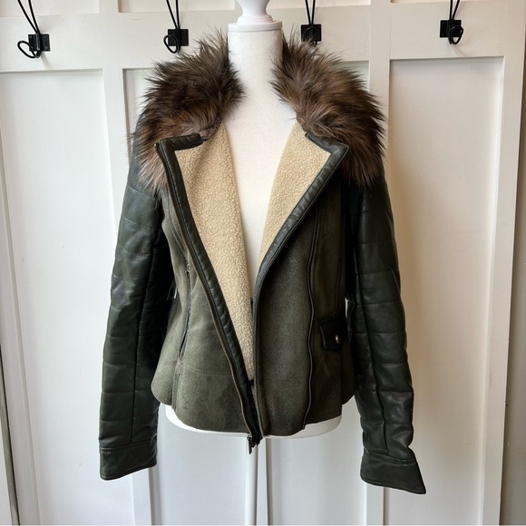 Wilson Leather Jacket Women Full Zip Green Coat Suede Faux Fur Medium FLAWS - Picture 4 of 15